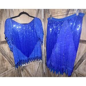 Vintage Dominique Blue Sequin Beaded Silk Blouse / Skirt Disco Set Medium